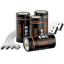 4x 16340 RCR123 CR123A 123 3V USB Lithium Li-ion Rechargeable Batteries w/Cable