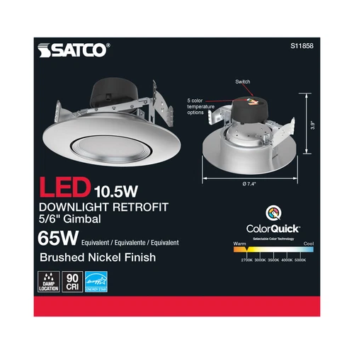 Satco S11858 10.5W LED Direct Wire Downlight Gimbaled 120V CCT Brushed Nickel - Picture 5 of 9