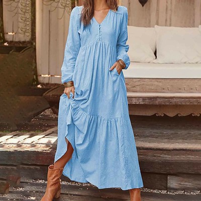 Women Button Cotton Casual Hemp Dress 