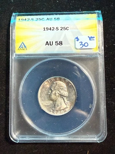 1942 S WASHINGTON QUARTER ANACS AU 58