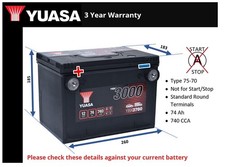 Battery fits CHEVROLET SILVERADO 1500 5.3 2007 on Yuasa 75-70 740A 74Ah Quality