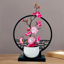 Tabletop Decor - Artificial Plum Blossom Bonsai with Screen Base - Indoor Use