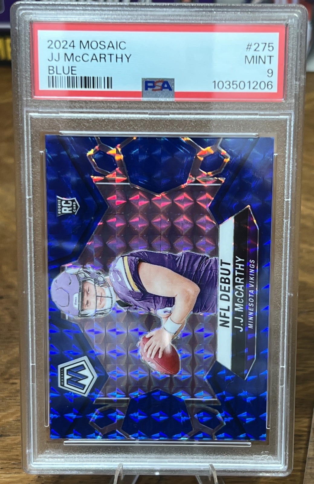 2024 Panini Mosaic J.J. McCarthy RC Blue Prizm NFL Debut /99 Vikings PSA 9