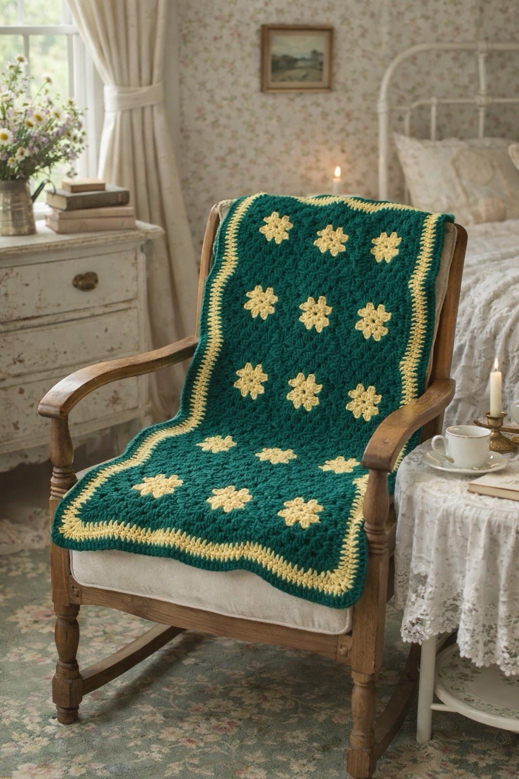 Granny Square Green Yelllow Boho Vintage Throw