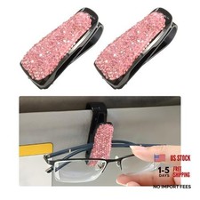 2 PCS Glasses Holders for Car Sun Visor, Bling Crystal Rhinestones Pink