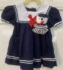 Vintage Navy Blue Sailor Dress Bear Size 18 MOS Collar Bow Pleats Puff Sleeves