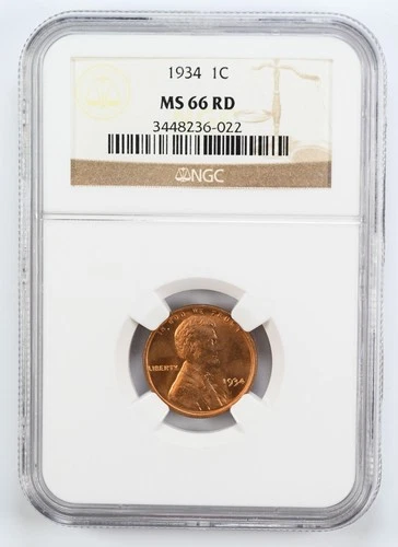 Certified 1934 Lincoln Cent NGC MS66 Red Wheat Penny 1c