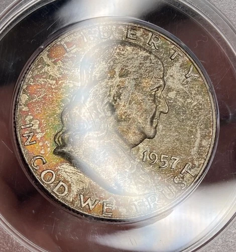 Toned Rattler__1957-D__MS 65__Franklin Half Dollar__PCGS, Unc Silver Coin