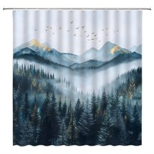 Blue Misty Pine Forest Shower Curtain Mountain Tree Foggy Fabric 70x70 Inch