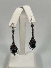 STERLING SILVER BLACK ONYX DROP DANGLE VINTAGE EARRINGS