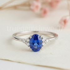 Lab Created Blue Sapphire Ring 925 Sterling Silver Oval Cut Engagement Gift Her