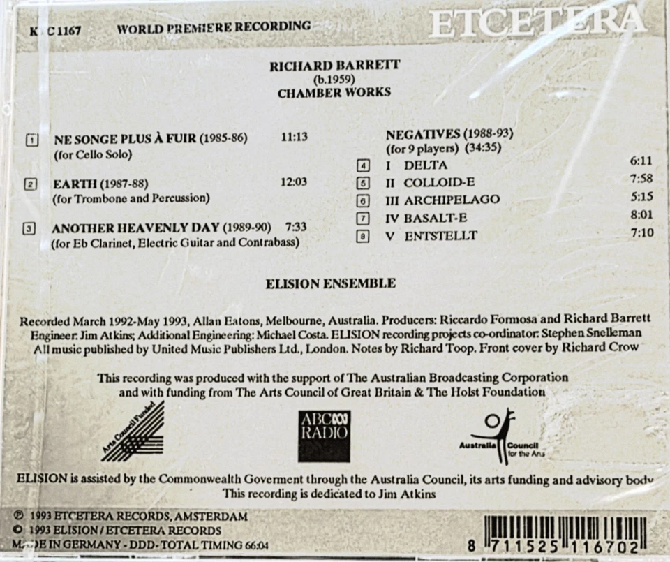 Richard Barrett/Elision Ensemble-Chamber Works CD (Dutch), 1993 Etcetera SEALED! Foto 2 de 2