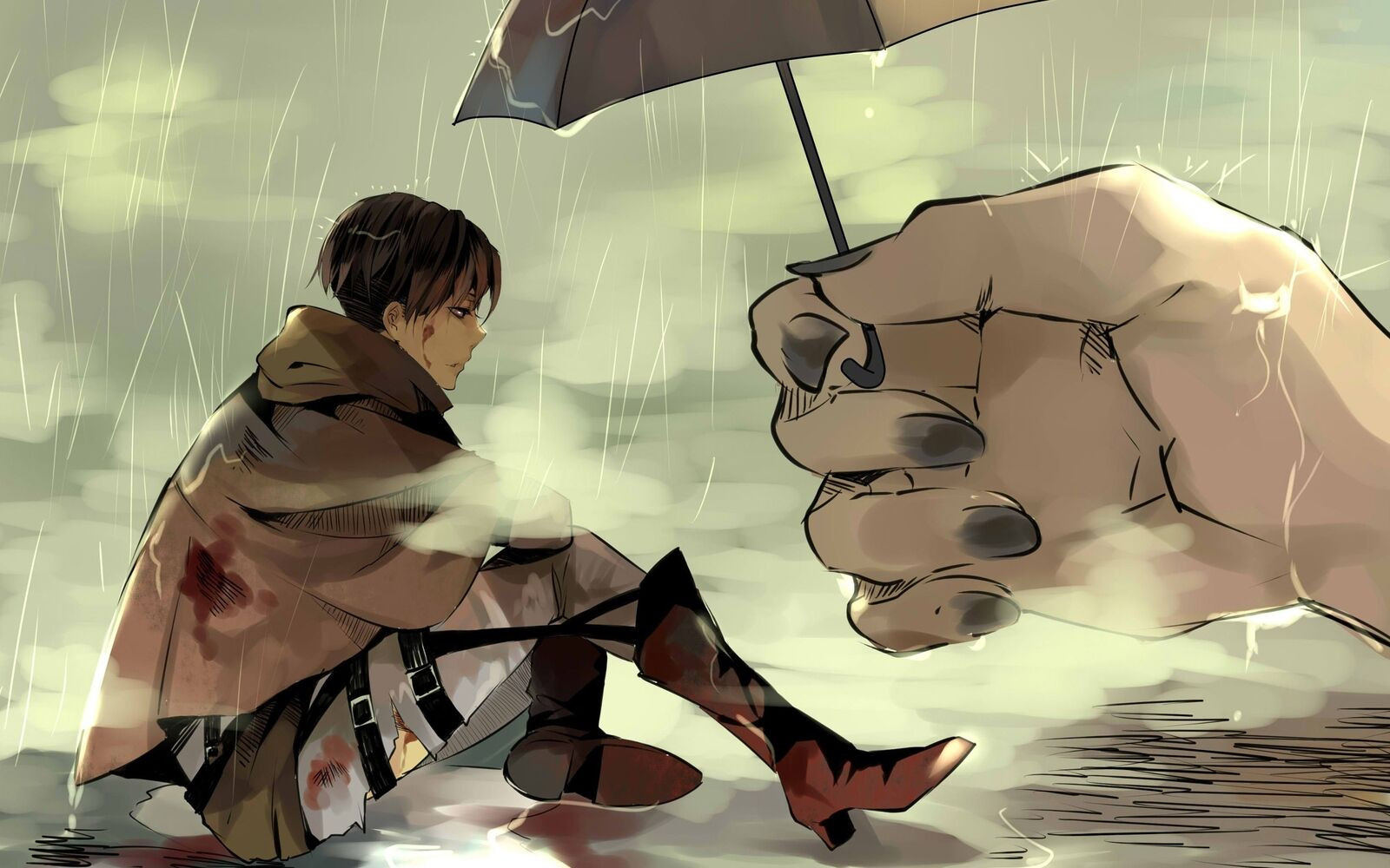 Playmat Desk Mat Featuring Anime Shingeki no Kyojin Boys Umbrella Rain Scene