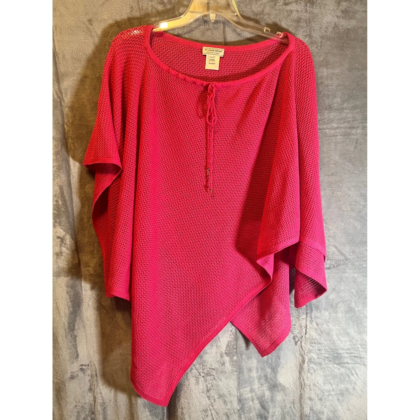 St John Sport Wool Rayon Knit Poncho Top One Size Hot Pink Logo Accent OSFA