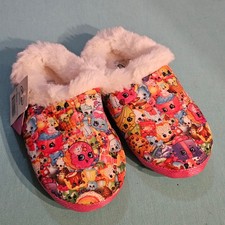 Shopkins Kids Slippers Size 11-12 Pink Plush Faux Fur Lined House Shoes NEW