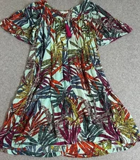 Go Softly Women's Patio Dress Green Tropical Print Size M Crinkled Zip Front