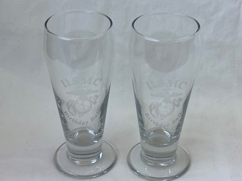 USMC Marine Corps Birthday Ball Beer Ale Sling Beverage Glass Etched Emblem Set