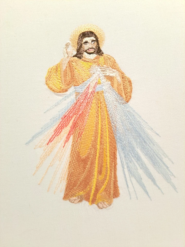 Arte cosido a punta de aguja bordado a mano de Jesús Misericordioso de colección 8"x10" sin marco Foto 3 de 4