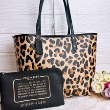 COACH Leopard Reversible Tote Bag Large Shoulder Bag Pouch Set Rare A4 Travel