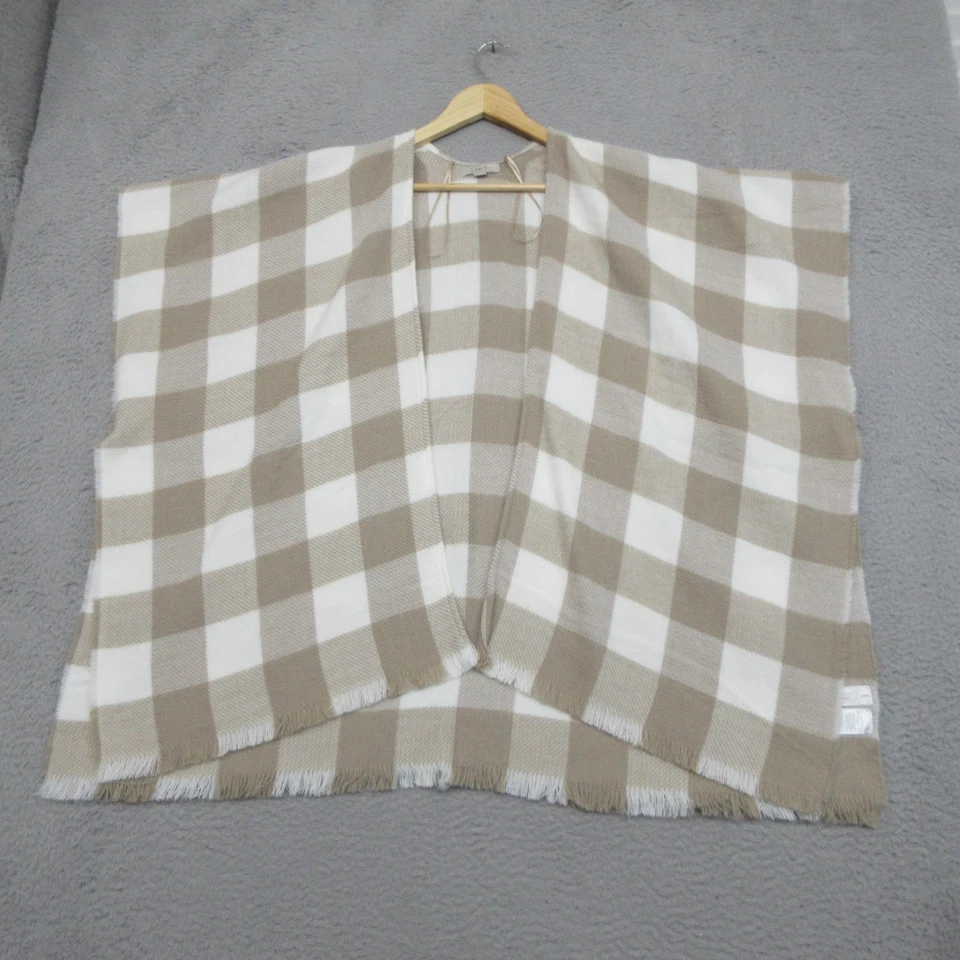 LOFT Buffalo Plaid Ruana Wrap Poncho Women XS/S Beige White Fringe Cozycore Fall - Image 4 of 4