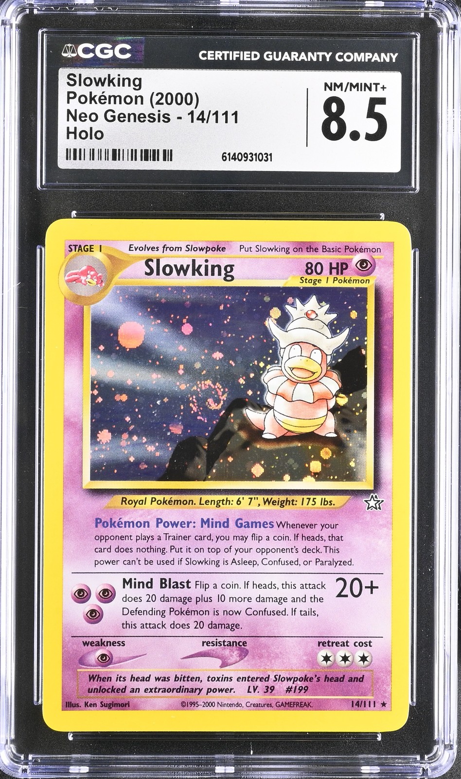 CGC 8.5 NM/MINT+ Slowking 14/111 Neo Genesis Holo Swirl Pokemon Card
