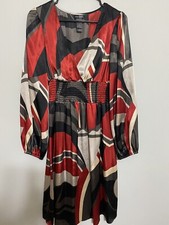 Bisou Bisou Geometric Dress Size 12 Black Red White Long Balloon Sleeves V-Neck