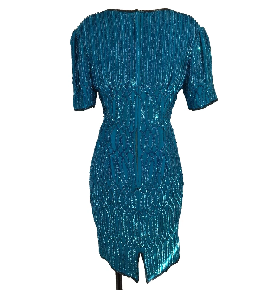 Stenay 复古 80 年代绿松石蓝色亮片舞会派对正式迷你连衣裙 10 码 — 第 2/4 张图片