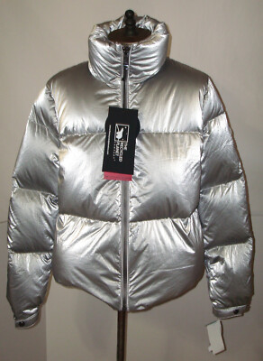 New NWT  $350 Womens Recycled Planet Quilted Puffer Coat M Metallic Silver Parka