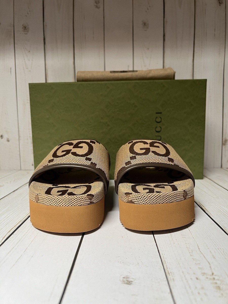 Gucci Jumbo Monogram GG Platform Slide Sandal Camel/Ebony Sz 35