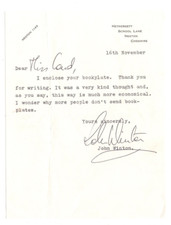 John Winton (aka John Pratt) Signed Letter Autographed Author Navy Artful Bodger