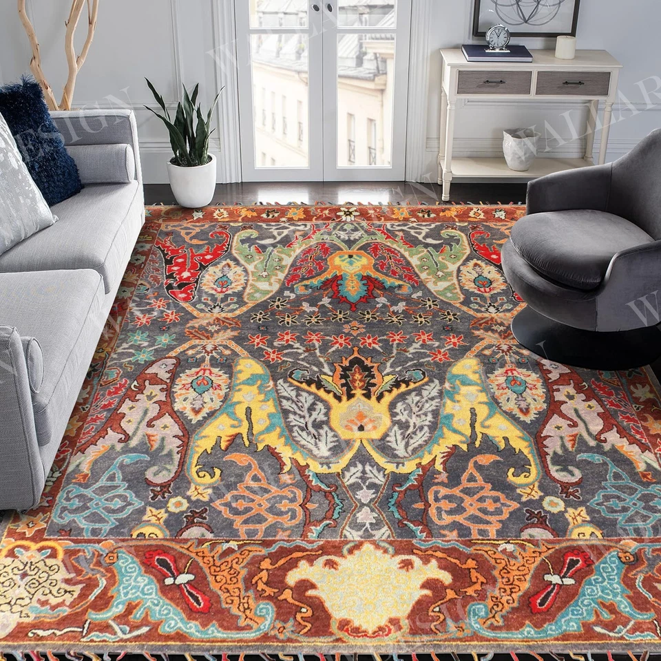 Colorromance Morris Ikat Black Handtufted Luxurious Area Rug 100% Woolen Carpet - Image 3 of 4