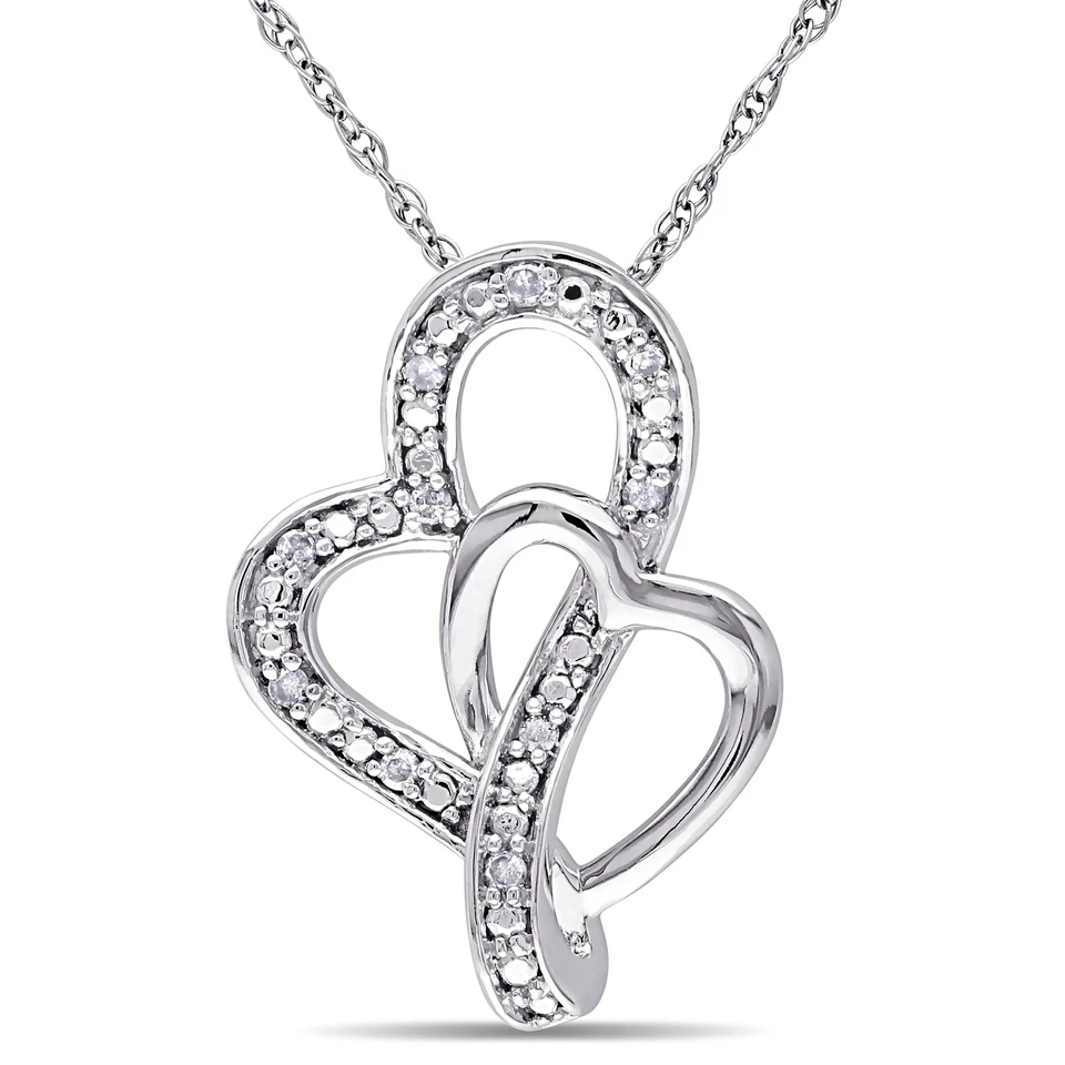 Amour 10k White Gold Diamond Accent Double Heart Pendant with Chain