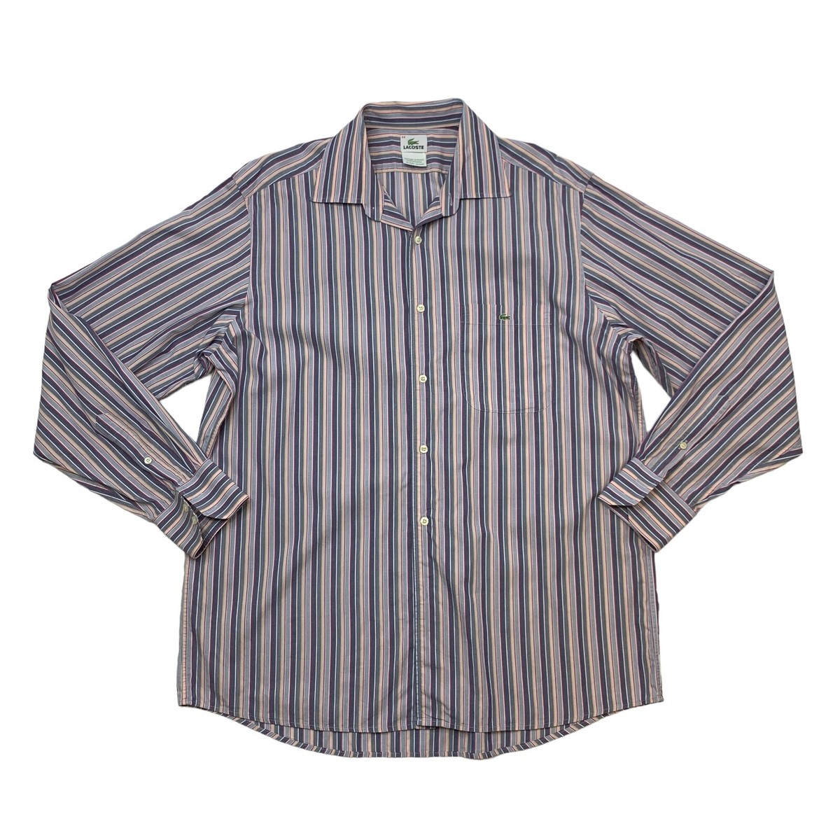 Lacoste Dress Shirt Mens 44 Gray/Light Pink Striped Collared Cotton Button  Up
