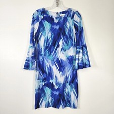 Calvin Klein Women Size 2 Blue Watercolor Brush Stroke Jersey Bell Sleeve Dress 