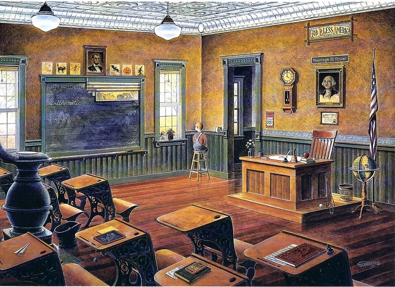 One Room Country School Classroom Teacher Bell Globe Desk SIGNED Matted Souders