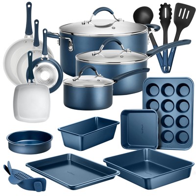 NutriChef Professional 20 Pc Kitchen Set in Navy Blue - Durable Non-Stick Pot...