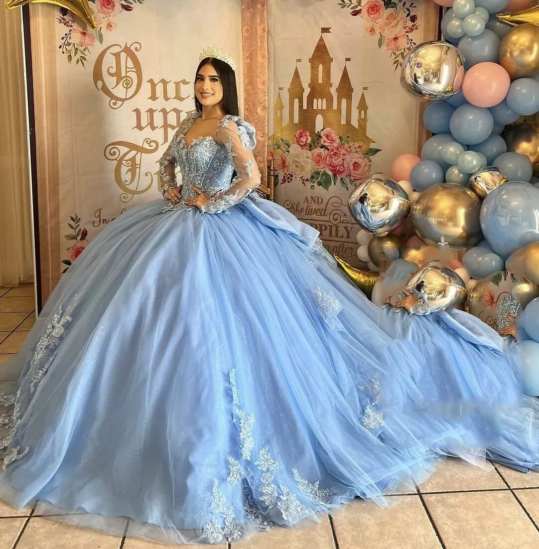 Sky Blue Quinceanera Dresses with Bow Sweet 16 Long Sleeves Glitter Ball Gowns