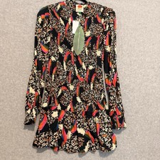 Farm Rio Boho Multicolor Animal Print Smocked Ruffle Long Sleeve Short Dress S