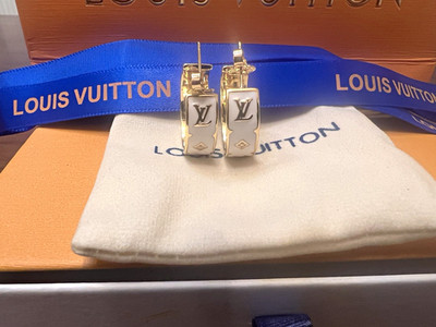 Louis Vuitton LV Logo Enamelled Hoop Earrings Gold/White Box Dust Bag Ribbon