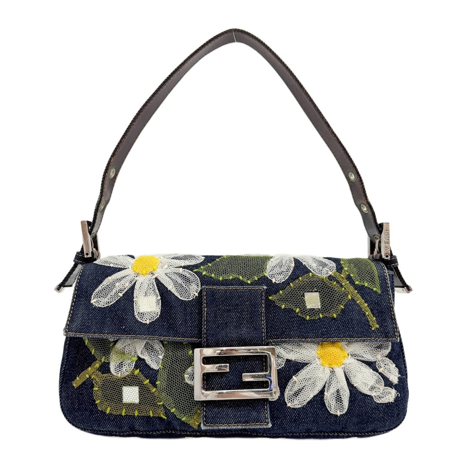 FENDI Baguette Floral Embroidered Blue Denim Shoulder Bag