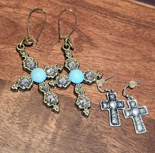 Boho Faux Gems Silver Cross Dangle Earrings 2 Pair