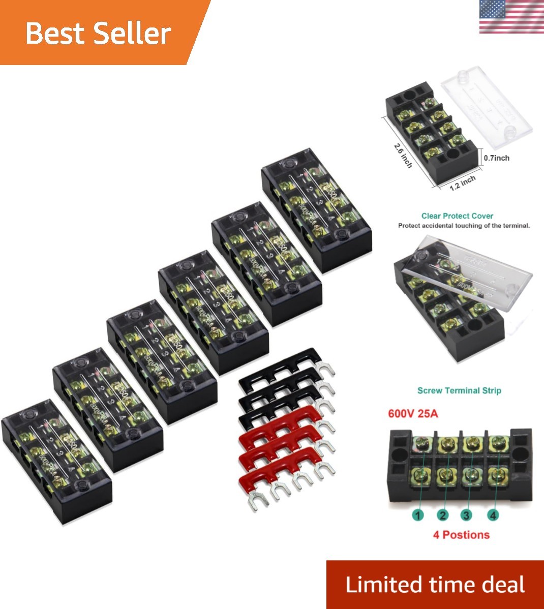 12pcs Heavy-Duty Terminal Blocks - 600V 25A Dual Row Screw Strips with Covers