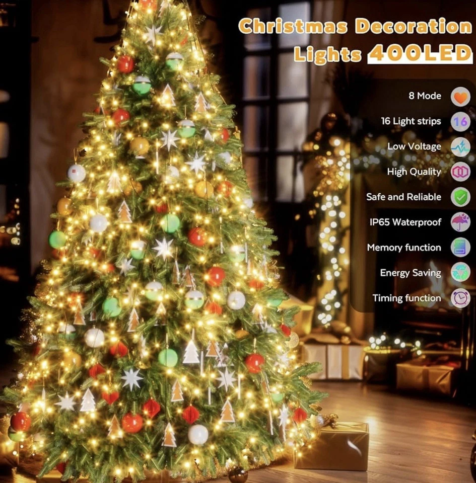 Cadena de luces LED 400 8,2 pies x 16, luces centelleantes en cascada (blanco cálido) Foto 4 de 4