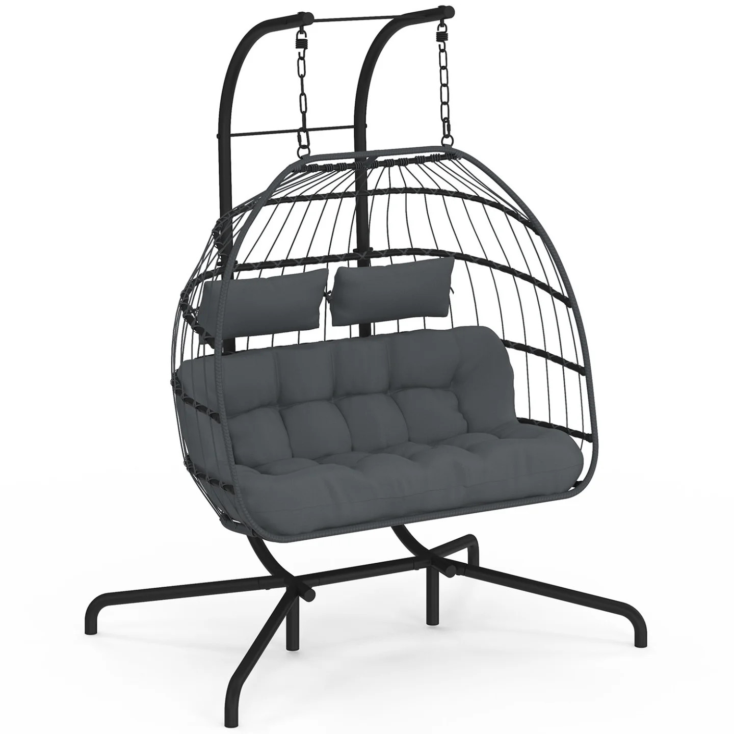 Fauteuil oeuf suspendu gris 2 places en résine tressée effet rotin pour jardin