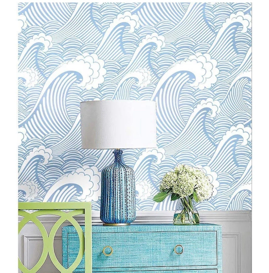 NEW Peel & Stick Blue White Waves Sea Sprays Blooming Walls Wallpaper - Image 2 of 4