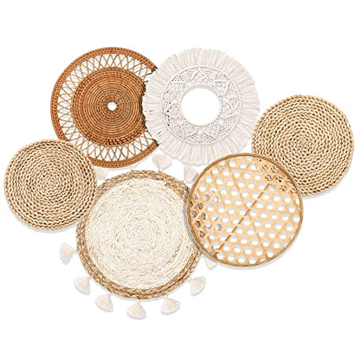 Boho Wall Baskets Decor Set of 6 Flat Woven Basket Wall Hanging Decor Round - Picture 2 of 7