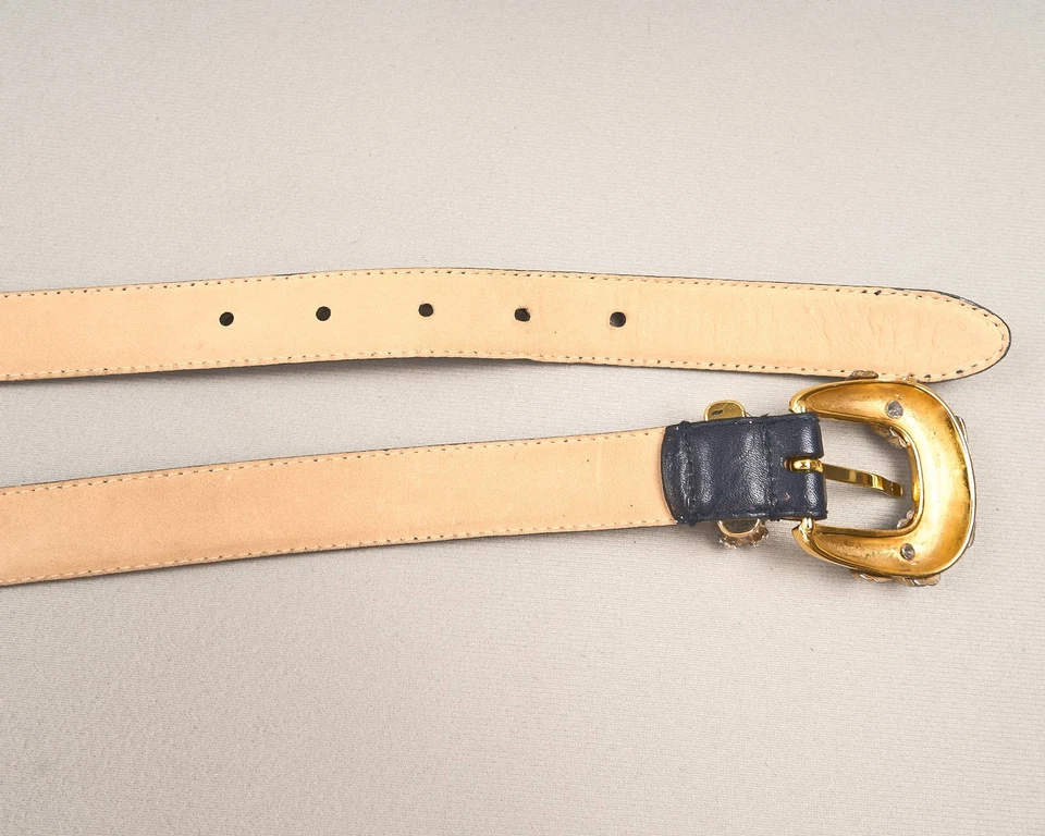 Talbots Navy Leather Belt Womens Sz M / 28 Gold Buckle Vintage - Image 4 of 4