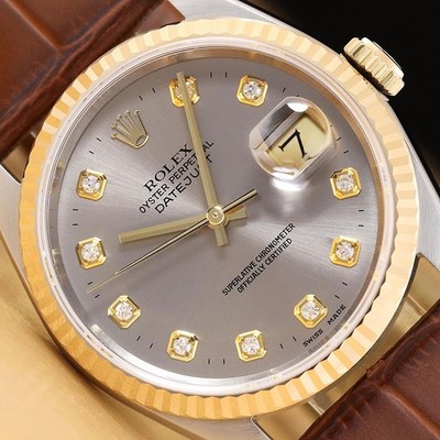 ROLEX DATEJUST 16233 GRAY DIAMOND DIAL 18K GOLD SS WATCH w/ BROWN