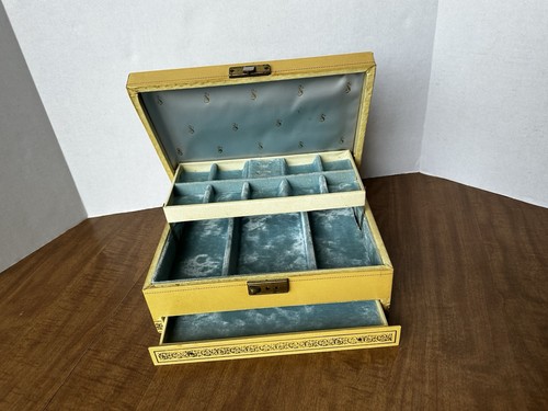 Joyero MELE vintage 3 niveles blanco roto con interior de terciopelo azul dorado - Imagen 10 de 18