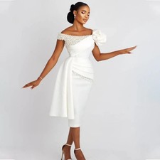 Short Off Shoulder Pearl Wedding Dress Luxurious White Pendant Satin Bridal Gown